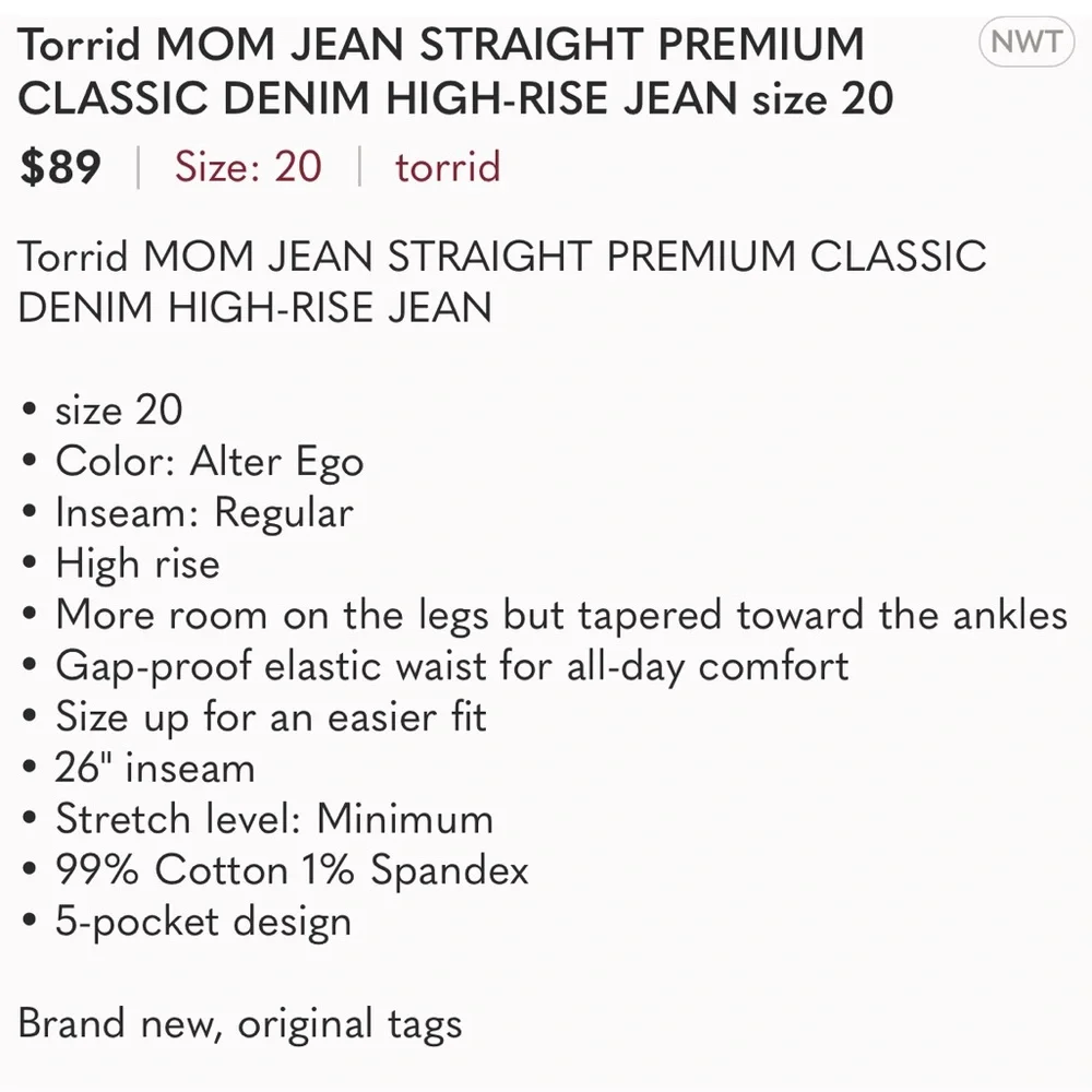 Torrid Mom Jeans straight premium classic High Rise Size 20 - Picture 5 of 6